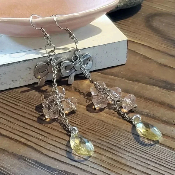 Bohemian Silver Bows Pale Faceted Glass Beads Long Chain Earrings - Picture 1 of 8